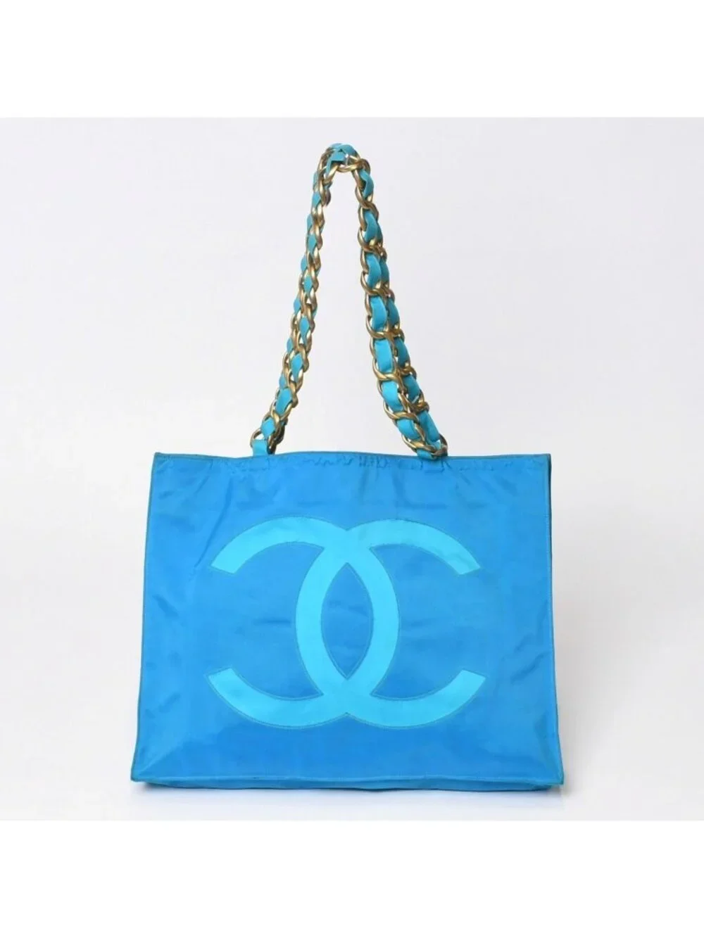 Chanel Vintage Logo Chain Tote Bag CC Turquoise Blue